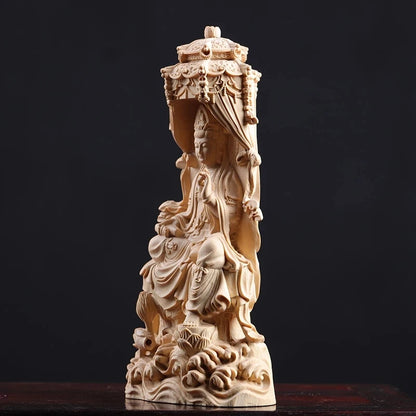 18cm Guanyin Sculpture Wood Buddha Statue Feng Shui Guan Yin Worship Healthy Lucky Home Decor