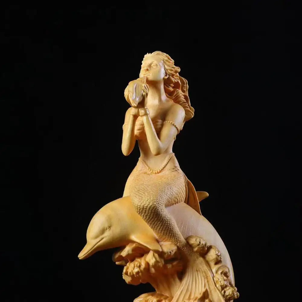 18cm Wood Mermaid Living Room Decoration Beauty Figure Statue Crafts Office Boxwood Lucky Sculpture Mermaid Home Decor