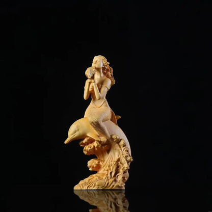 18cm Wood Mermaid Living Room Decoration Beauty Figure Statue Crafts Office Boxwood Lucky Sculpture Mermaid Home Decor