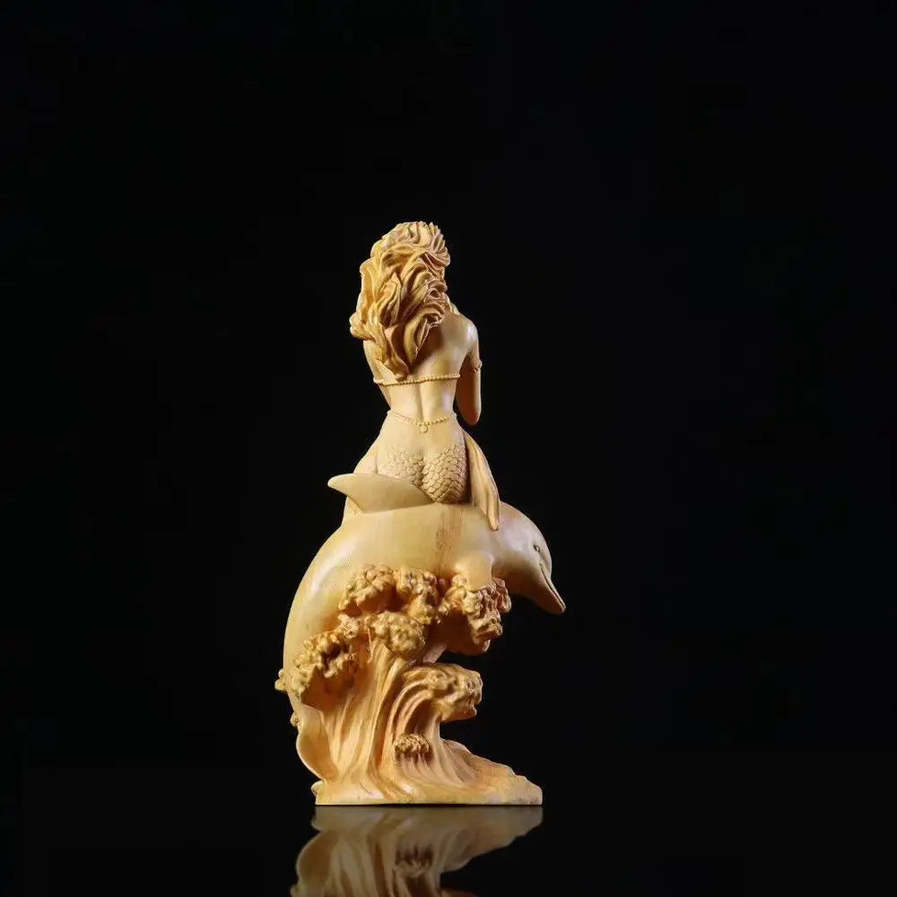 18cm Wood Mermaid Living Room Decoration Beauty Figure Statue Crafts Office Boxwood Lucky Sculpture Mermaid Home Decor