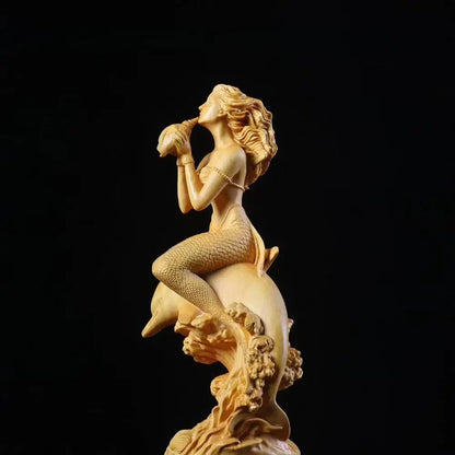 18cm Wood Mermaid Living Room Decoration Beauty Figure Statue Crafts Office Boxwood Lucky Sculpture Mermaid Home Decor