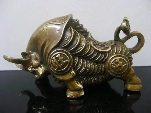 19.5CM Collectible wealth luck TIBETAN  BRASS BULL STATUE Vintage old copper wholesale Decoration real Brass BRASS
