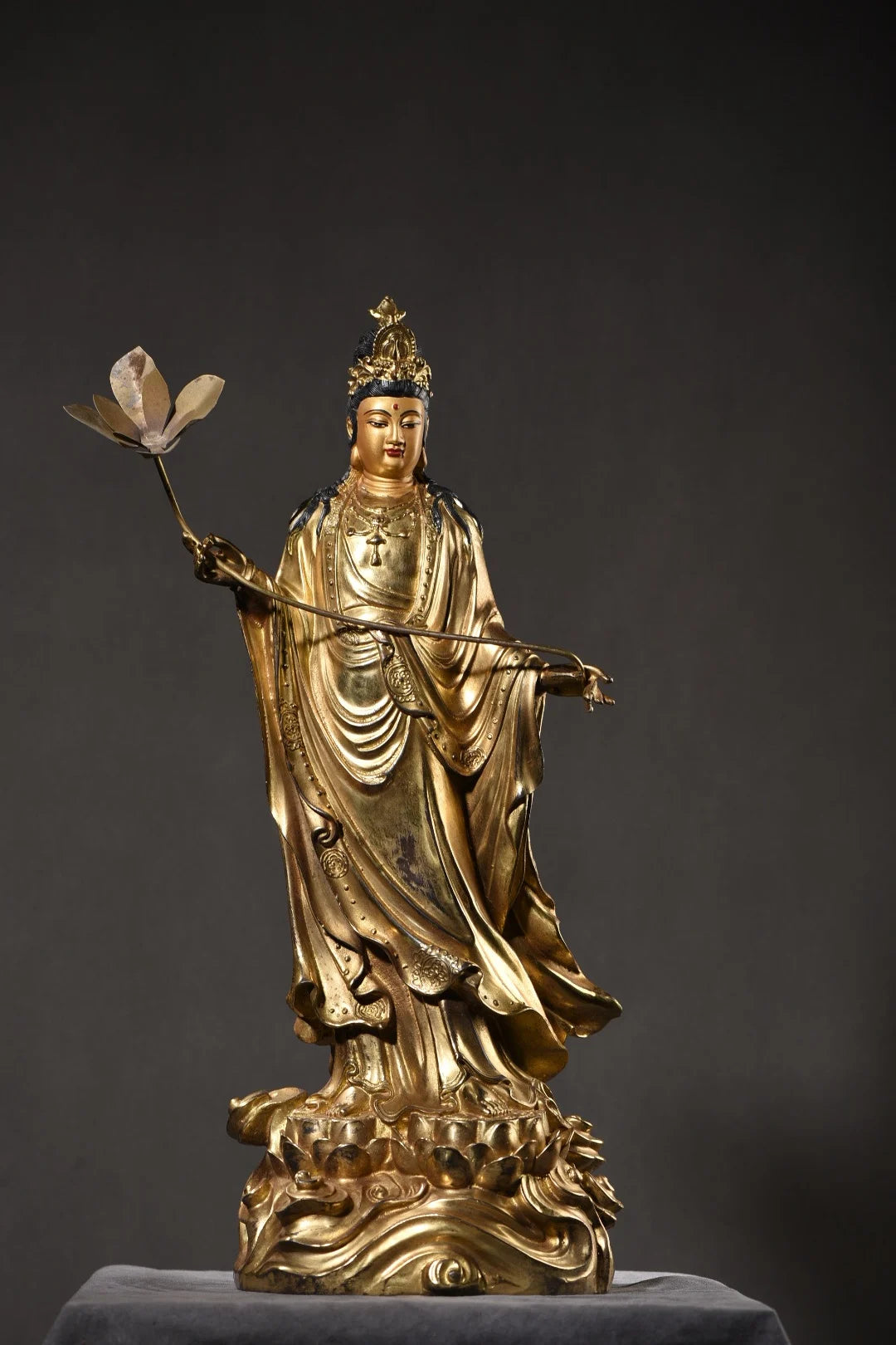 19"Tibet Temple Collection Old Bronze Cinnabar Mud gold Face Painting Lotus Guanyin Bodhisattva Buddha Worship Hall Town house