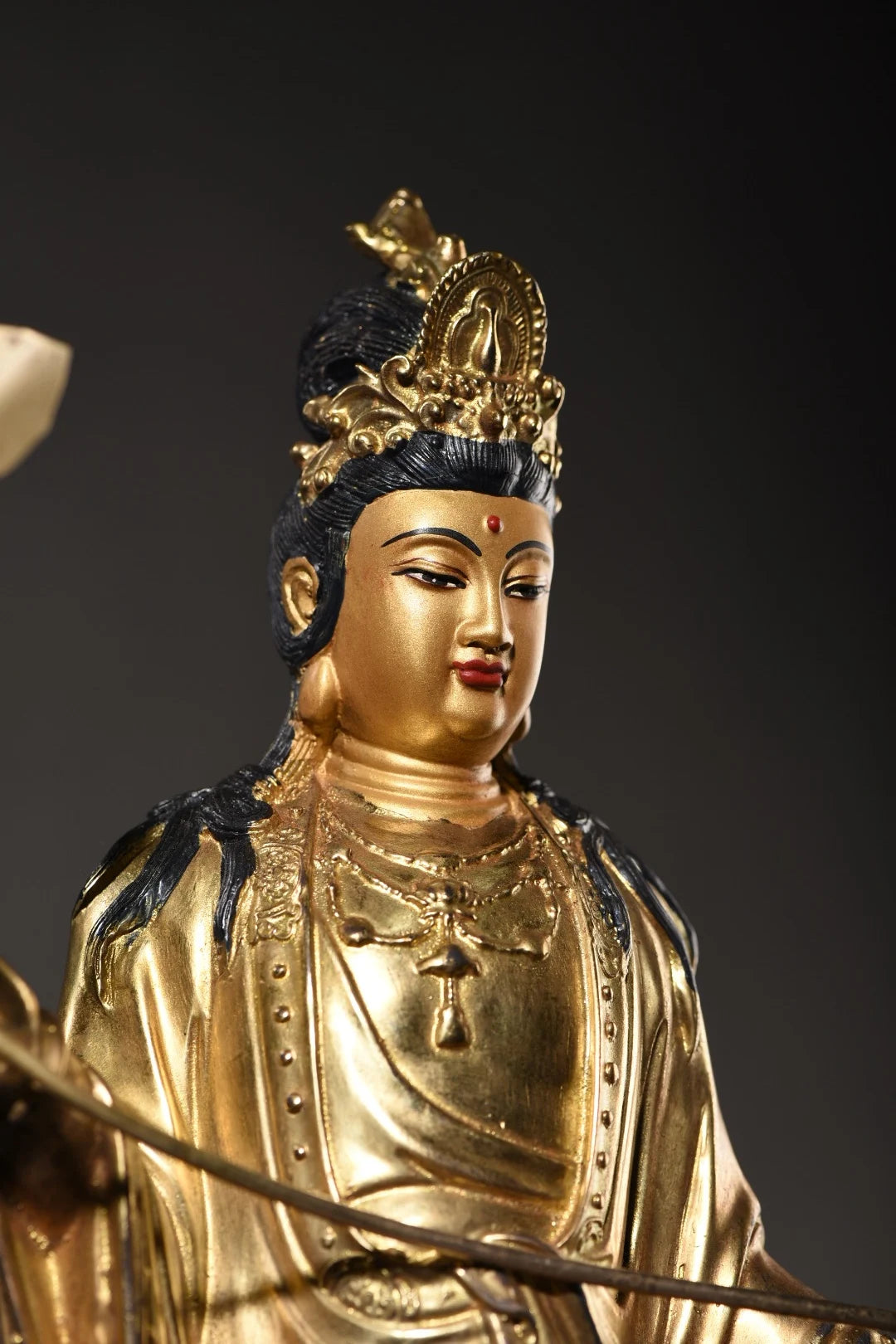 19"Tibet Temple Collection Old Bronze Cinnabar Mud gold Face Painting Lotus Guanyin Bodhisattva Buddha Worship Hall Town house