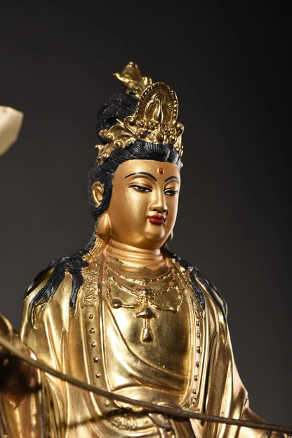 19"Tibet Temple Collection Old Bronze Cinnabar Mud gold Face Painting Lotus Guanyin Bodhisattva Buddha Worship Hall Town house
