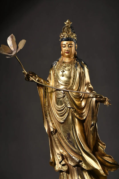 19"Tibet Temple Collection Old Bronze Cinnabar Mud gold Face Painting Lotus Guanyin Bodhisattva Buddha Worship Hall Town house