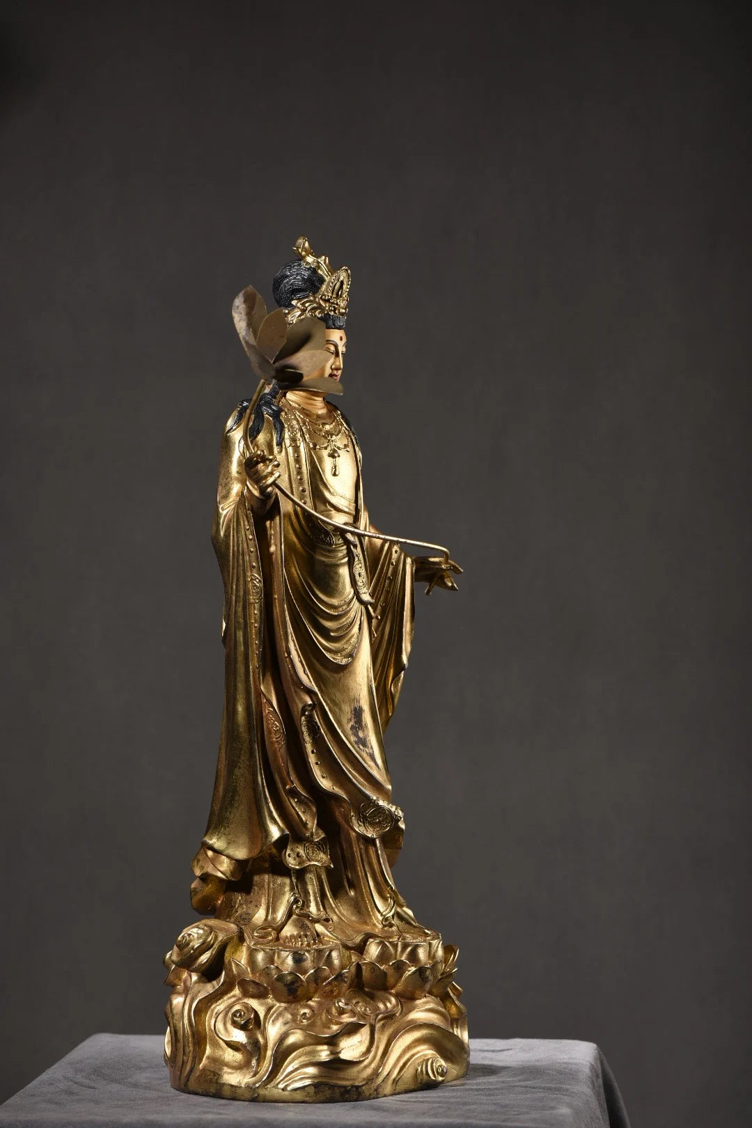 19"Tibet Temple Collection Old Bronze Cinnabar Mud gold Face Painting Lotus Guanyin Bodhisattva Buddha Worship Hall Town house