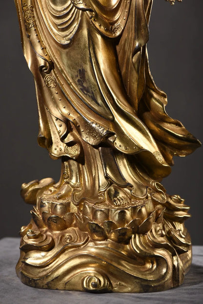 19"Tibet Temple Collection Old Bronze Cinnabar Mud gold Face Painting Lotus Guanyin Bodhisattva Buddha Worship Hall Town house
