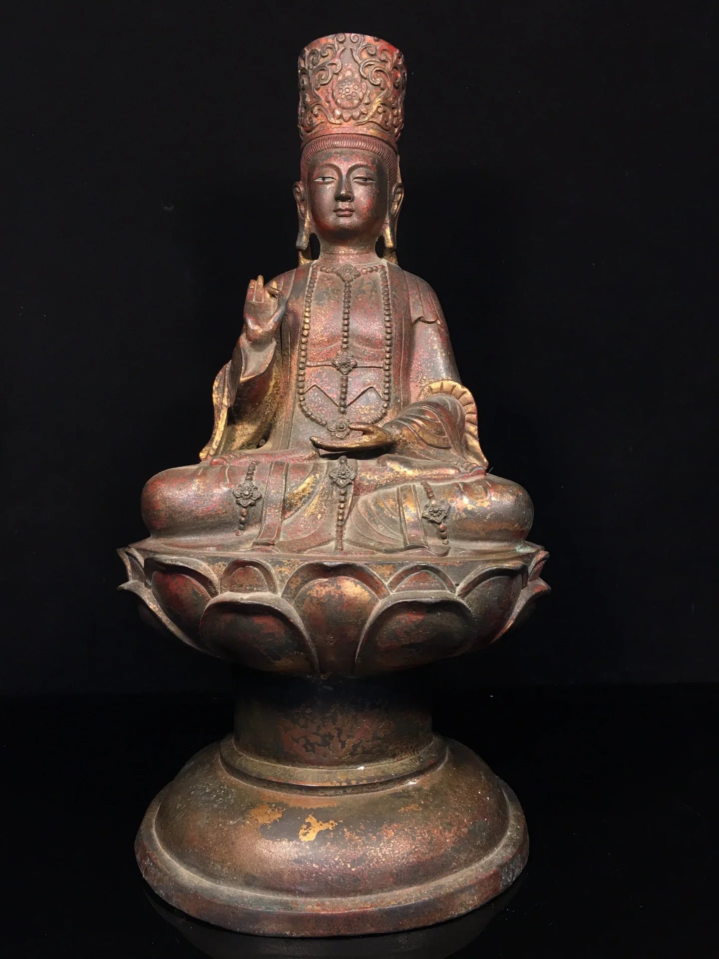 19"Tibet Temple Collection Old Bronze Cinnabar Mud gold Northern Wei Buddha Guanyin Lotus Platform Worship Hall Town house