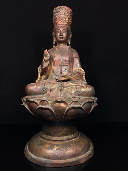 19"Tibet Temple Collection Old Bronze Cinnabar Mud gold Northern Wei Buddha Guanyin Lotus Platform Worship Hall Town house