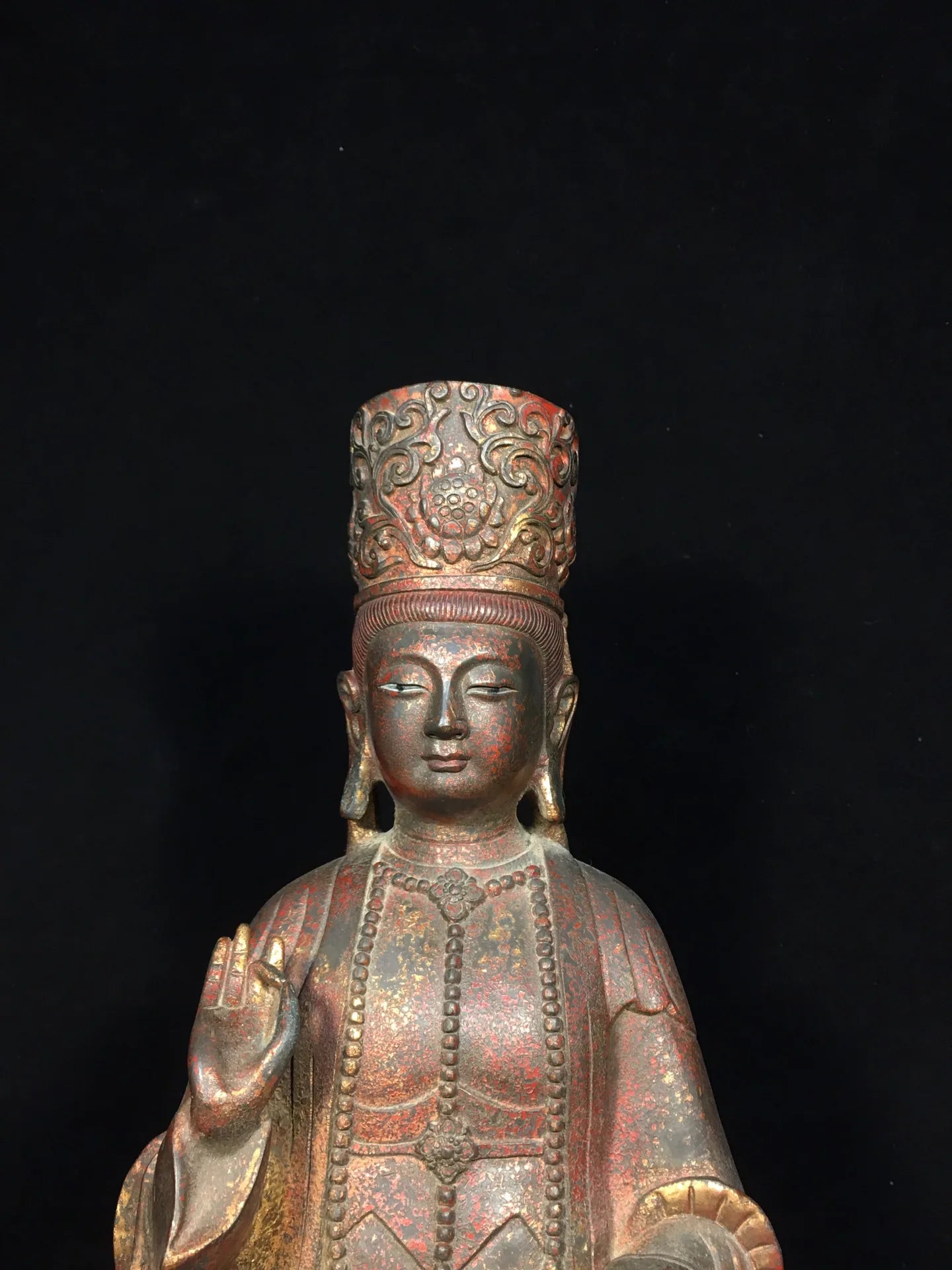 19"Tibet Temple Collection Old Bronze Cinnabar Mud gold Northern Wei Buddha Guanyin Lotus Platform Worship Hall Town house