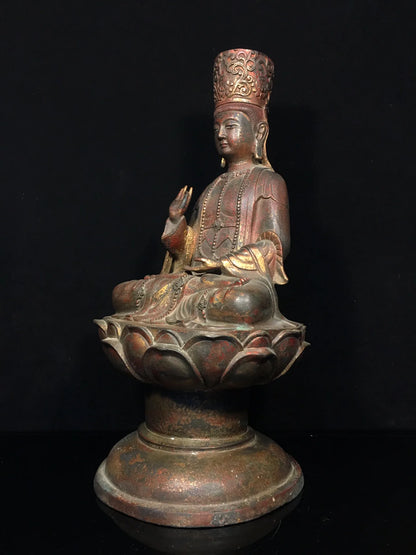 19"Tibet Temple Collection Old Bronze Cinnabar Mud gold Northern Wei Buddha Guanyin Lotus Platform Worship Hall Town house