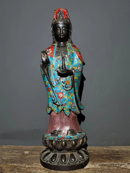 19"Tibet Temple Collection Old Bronze Cloisonne Enamel Flower texture Clean bottle Guanyin Bodhisattva Buddha Worship Hall