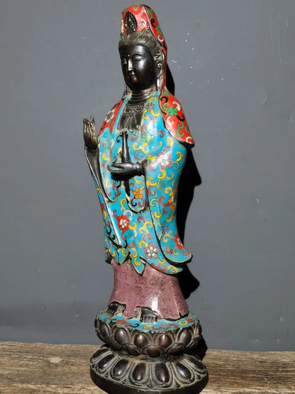 19"Tibet Temple Collection Old Bronze Cloisonne Enamel Flower texture Clean bottle Guanyin Bodhisattva Buddha Worship Hall