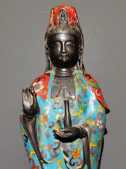 19"Tibet Temple Collection Old Bronze Cloisonne Enamel Flower texture Clean bottle Guanyin Bodhisattva Buddha Worship Hall