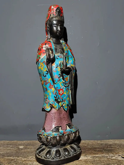 19"Tibet Temple Collection Old Bronze Cloisonne Enamel Flower texture Clean bottle Guanyin Bodhisattva Buddha Worship Hall