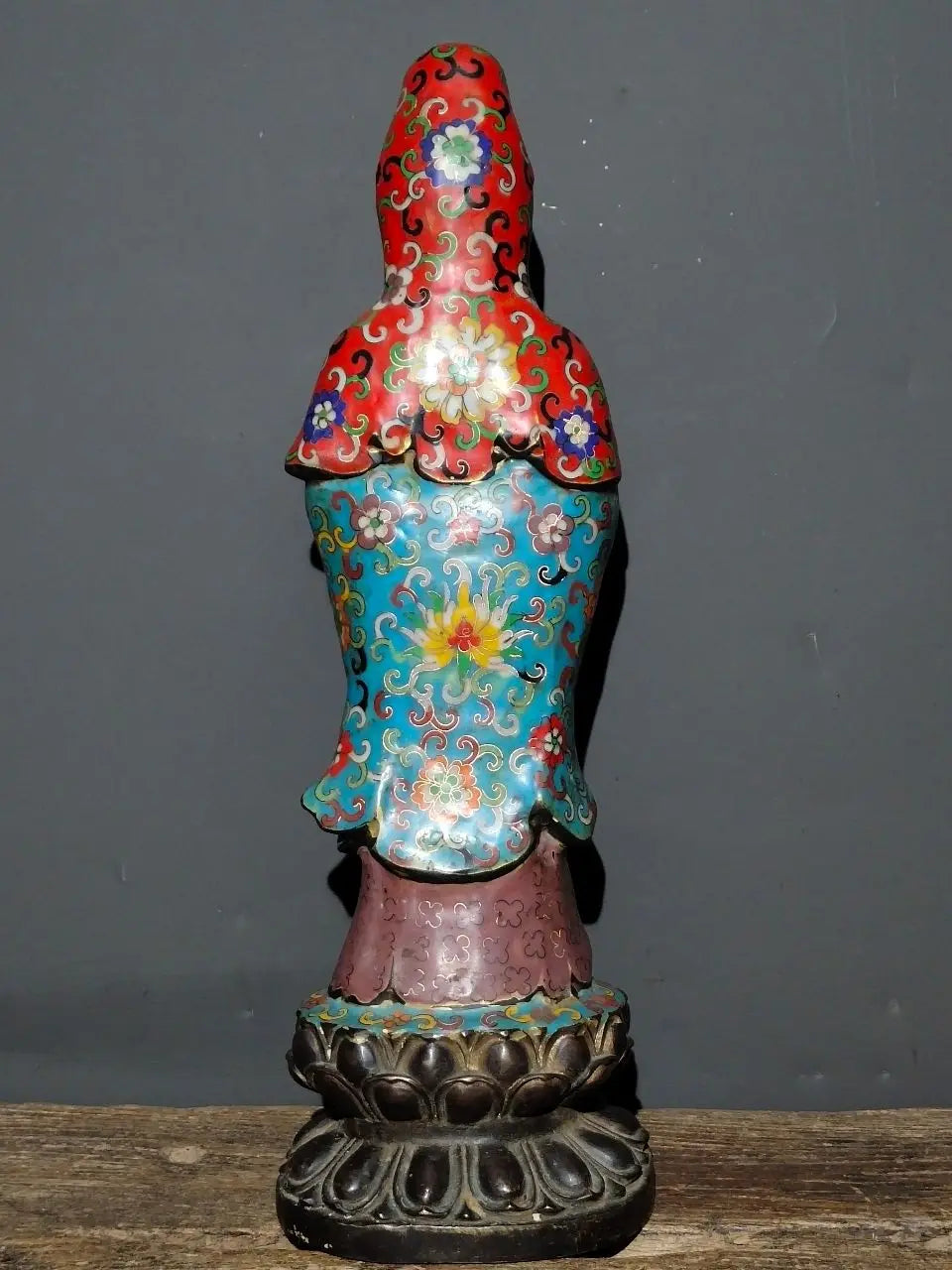 19"Tibet Temple Collection Old Bronze Cloisonne Enamel Flower texture Clean bottle Guanyin Bodhisattva Buddha Worship Hall