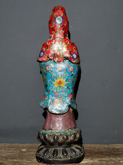 19"Tibet Temple Collection Old Bronze Cloisonne Enamel Flower texture Clean bottle Guanyin Bodhisattva Buddha Worship Hall