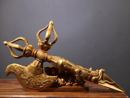 19"Tibet Temple Collection Old Bronze Gilding Dorje Vajra Phurpa Lotus Platform Base Amulet Dharma Worship Hall Town house