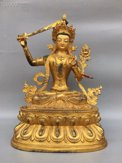 19"Tibet Temple Collection Old Bronze Gilding Mosaic Gem Bodhisattva Manjusri Lotus Stage Sitting Buddha Worship Hall Town house