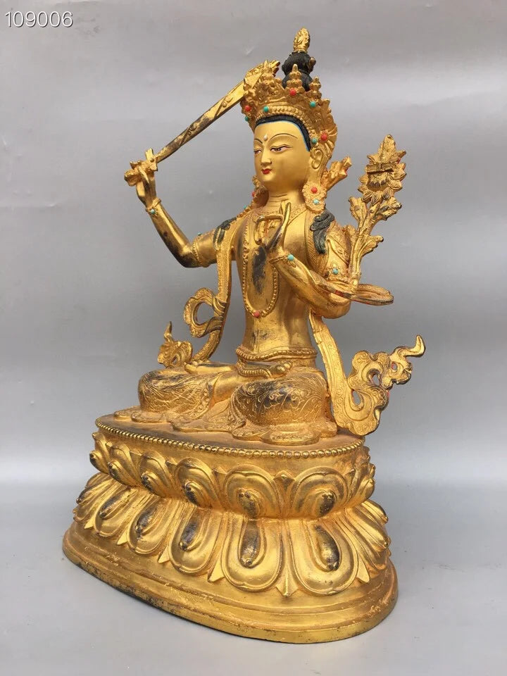 19"Tibet Temple Collection Old Bronze Gilding Mosaic Gem Bodhisattva Manjusri Lotus Stage Sitting Buddha Worship Hall Town house