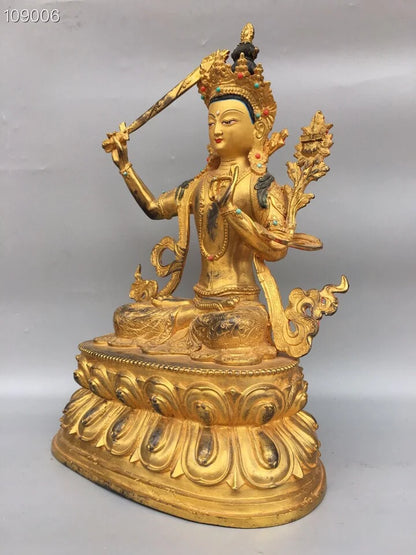 19"Tibet Temple Collection Old Bronze Gilding Mosaic Gem Bodhisattva Manjusri Lotus Stage Sitting Buddha Worship Hall Town house