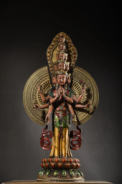 19"Tibet Temple Collection Old Bronze Gilding Painted 1000 Arm Guanyin Buddha Buddhism platform Worship Hall Town house