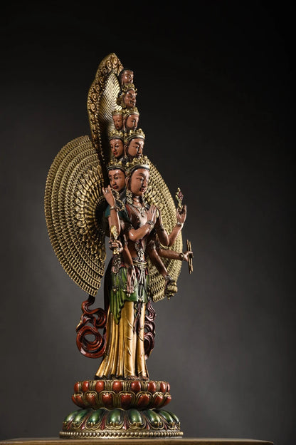 19"Tibet Temple Collection Old Bronze Gilding Painted 1000 Arm Guanyin Buddha Buddhism platform Worship Hall Town house