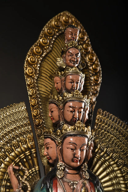 19"Tibet Temple Collection Old Bronze Gilding Painted 1000 Arm Guanyin Buddha Buddhism platform Worship Hall Town house