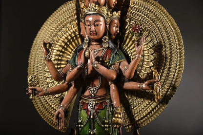 19"Tibet Temple Collection Old Bronze Gilding Painted 1000 Arm Guanyin Buddha Buddhism platform Worship Hall Town house