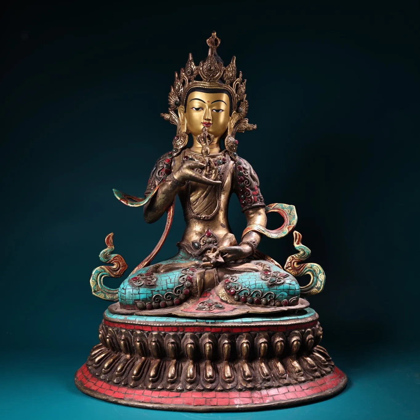 19"Tibet Temple Collection Old Bronze Outline in gold Mosaic Gem Turquoise Vajrasattva Buddha Lotus Platform Worship Hall