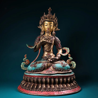 19"Tibet Temple Collection Old Bronze Outline in gold Mosaic Gem Turquoise Vajrasattva Buddha Lotus Platform Worship Hall
