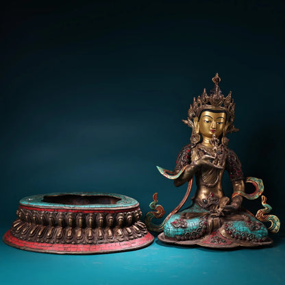 19"Tibet Temple Collection Old Bronze Outline in gold Mosaic Gem Turquoise Vajrasattva Buddha Lotus Platform Worship Hall