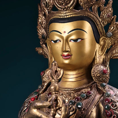 19"Tibet Temple Collection Old Bronze Outline in gold Mosaic Gem Turquoise Vajrasattva Buddha Lotus Platform Worship Hall
