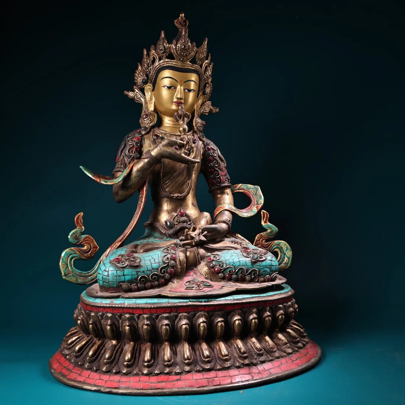 19"Tibet Temple Collection Old Bronze Outline in gold Mosaic Gem Turquoise Vajrasattva Buddha Lotus Platform Worship Hall