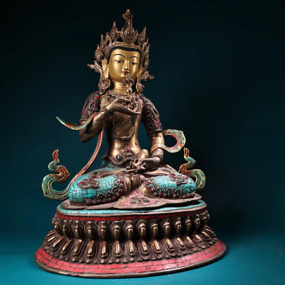 19"Tibet Temple Collection Old Bronze Outline in gold Mosaic Gem Turquoise Vajrasattva Buddha Lotus Platform Worship Hall