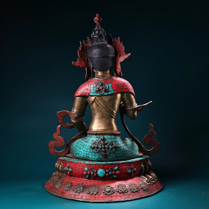 19"Tibet Temple Collection Old Bronze Outline in gold Mosaic Gem Turquoise Vajrasattva Buddha Lotus Platform Worship Hall
