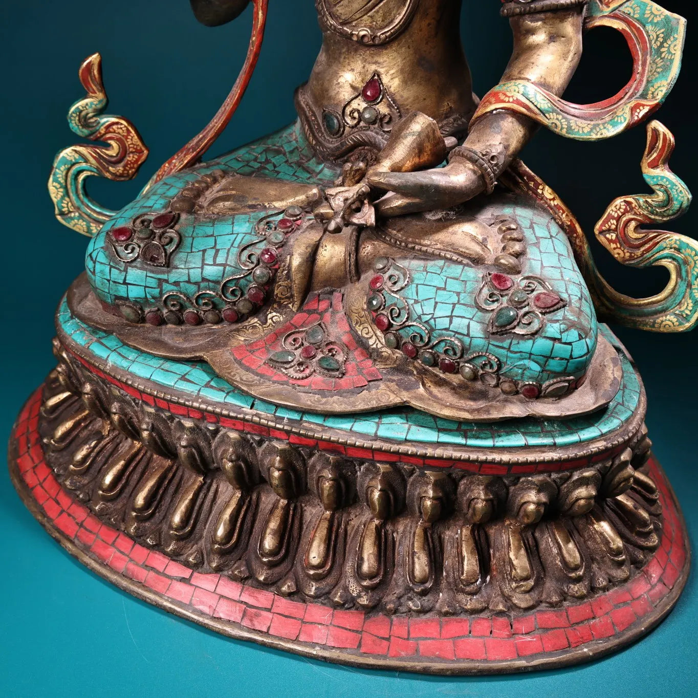 19"Tibet Temple Collection Old Bronze Outline in gold Mosaic Gem Turquoise Vajrasattva Buddha Lotus Platform Worship Hall