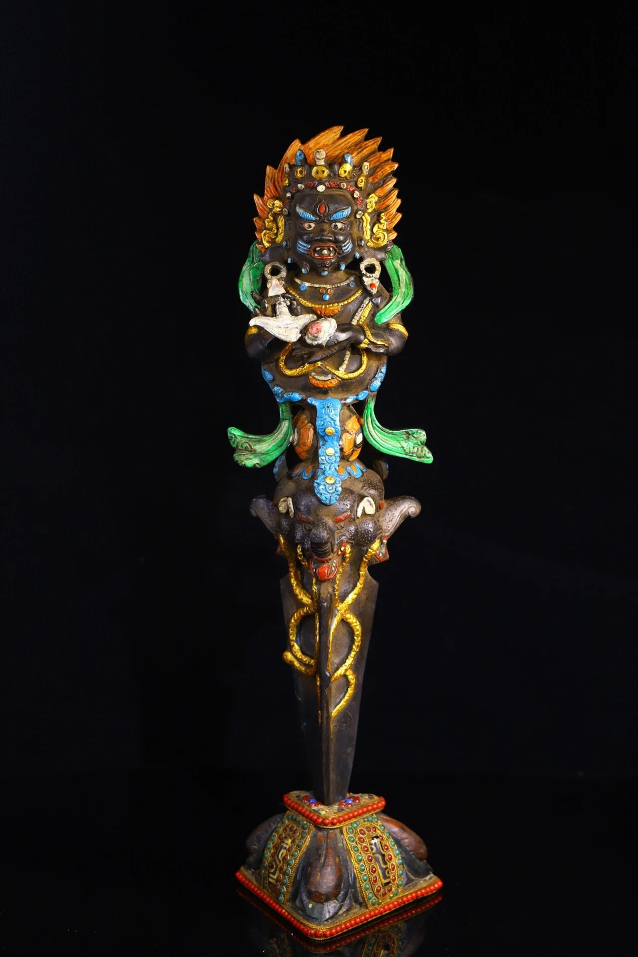 19"Tibet Temple Collection Old Bronze Painted Black Jambhala Vajra Phurpa Base Amulet Dharma Worship Hall Town house Exorcism