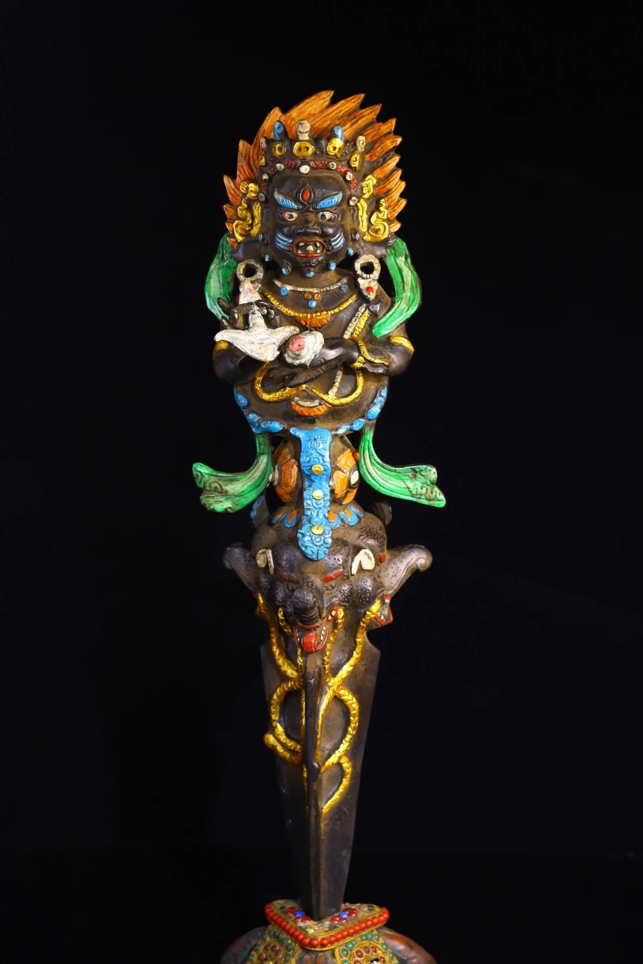 19"Tibet Temple Collection Old Bronze Painted Black Jambhala Vajra Phurpa Base Amulet Dharma Worship Hall Town house Exorcism