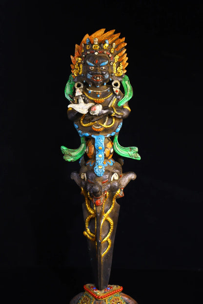 19"Tibet Temple Collection Old Bronze Painted Black Jambhala Vajra Phurpa Base Amulet Dharma Worship Hall Town house Exorcism