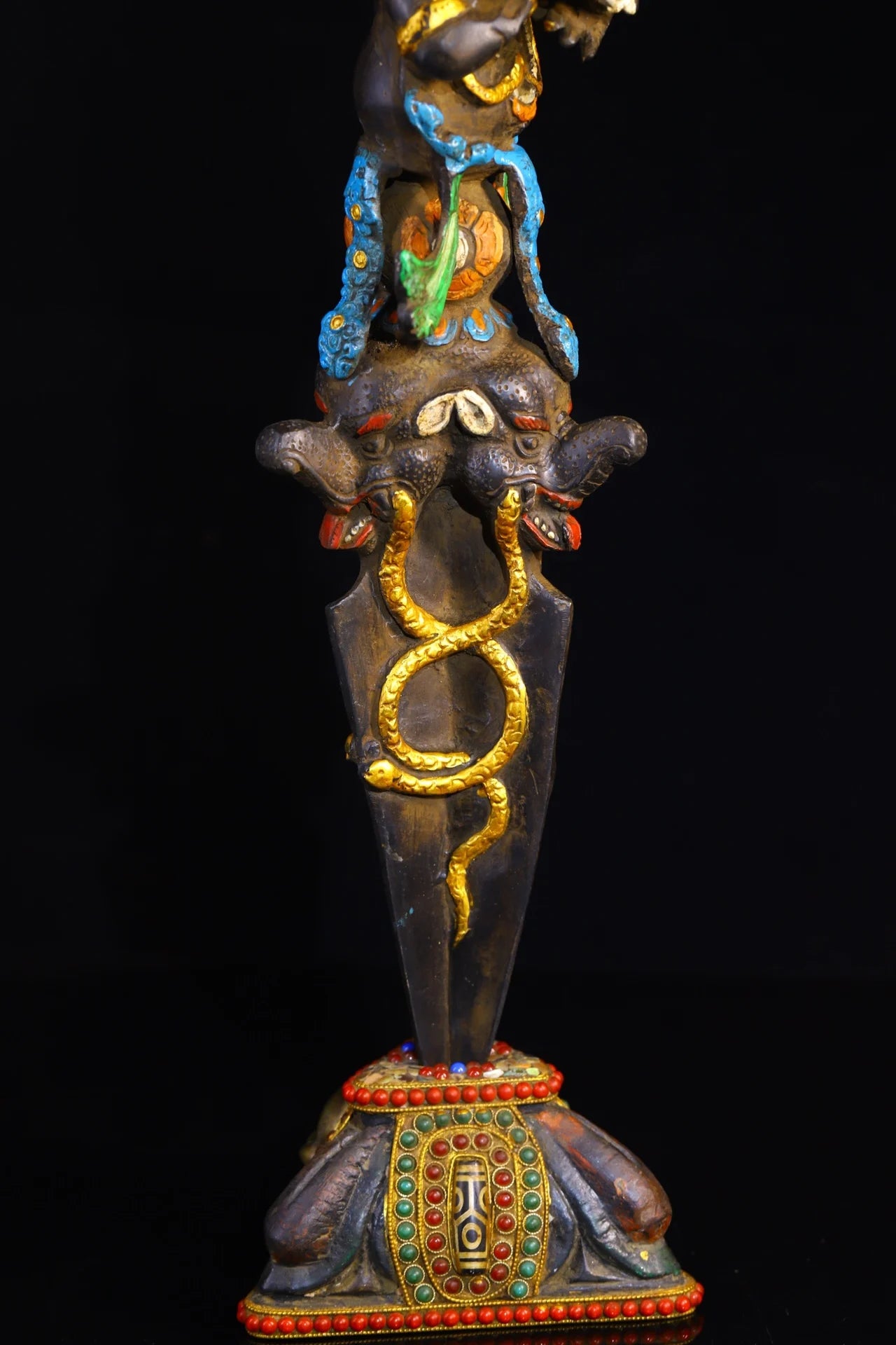19"Tibet Temple Collection Old Bronze Painted Black Jambhala Vajra Phurpa Base Amulet Dharma Worship Hall Town house Exorcism
