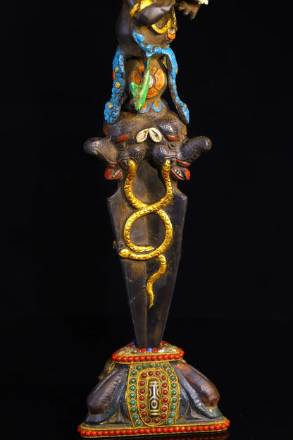 19"Tibet Temple Collection Old Bronze Painted Black Jambhala Vajra Phurpa Base Amulet Dharma Worship Hall Town house Exorcism
