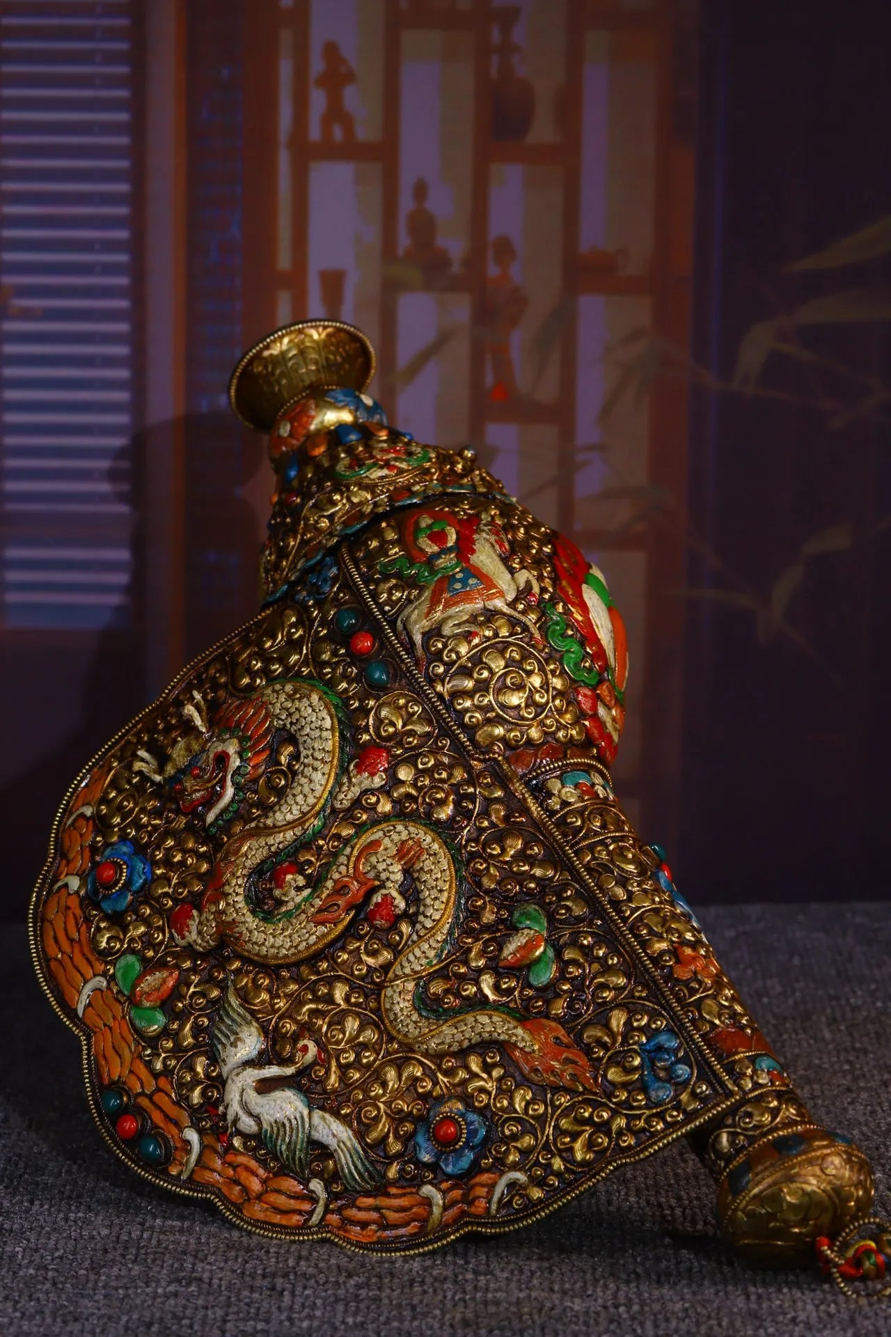 19"Tibet Temple Collection Old Natural Conch Filigree mosaic Gem Snail Dragon conch Buddha Snails Dharma Town House Exorcism