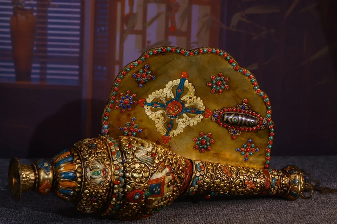 19"Tibet Temple Collection Old Natural Conch Filigree mosaic Gem Snail Dragon conch Buddha Snails Dharma Town House Exorcism
