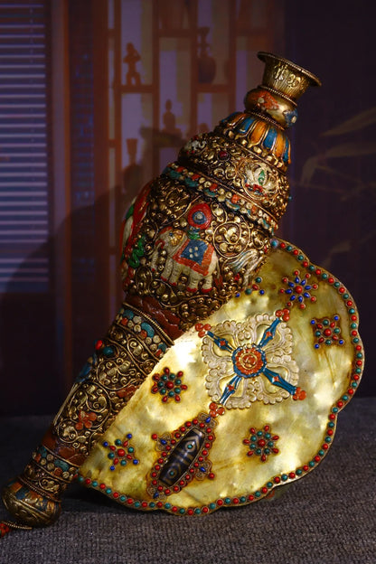 19"Tibet Temple Collection Old Natural Conch Filigree mosaic Gem Snail Dragon conch Buddha Snails Dharma Town House Exorcism