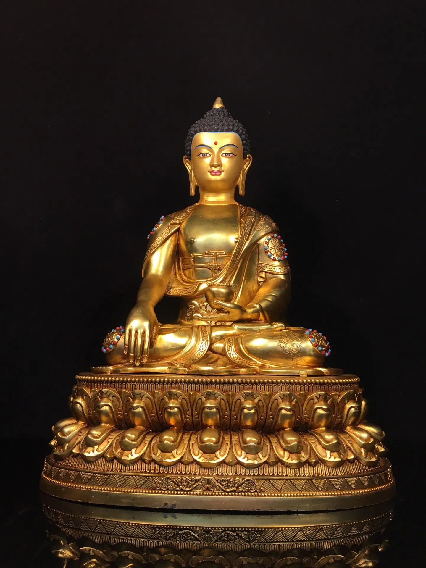 19"Tibetan Temple Collection Old Bronze Cinnabar Gilded Face Painting Mosaic Gem Sakyamuni Buddha Lotus Platform Worship Hall