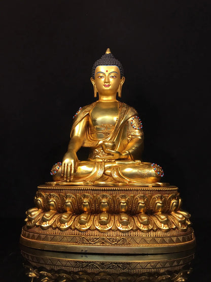 19"Tibetan Temple Collection Old Bronze Cinnabar Gilded Face Painting Mosaic Gem Sakyamuni Buddha Lotus Platform Worship Hall