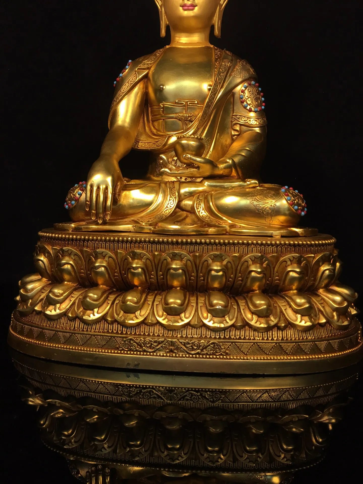 19"Tibetan Temple Collection Old Bronze Cinnabar Gilded Face Painting Mosaic Gem Sakyamuni Buddha Lotus Platform Worship Hall