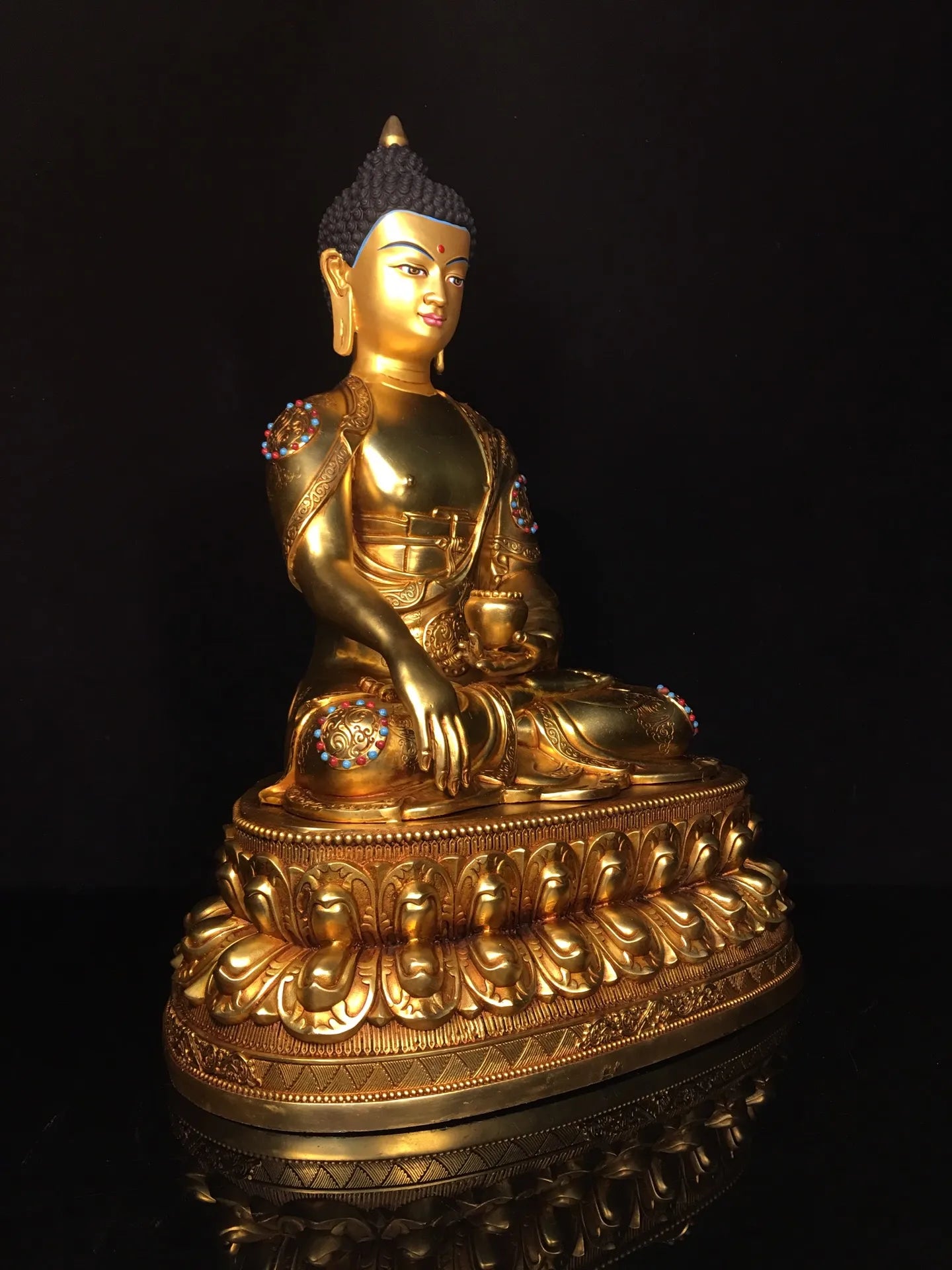 19"Tibetan Temple Collection Old Bronze Cinnabar Gilded Face Painting Mosaic Gem Sakyamuni Buddha Lotus Platform Worship Hall